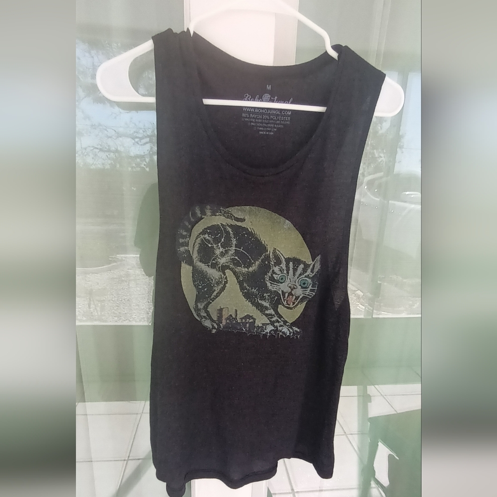 Black Tank Top with Cat Graphic